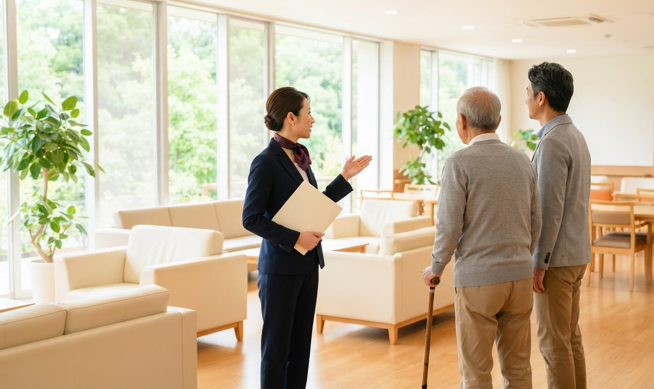 相談員が、ご本人とご家族を住まいの見学にご案内している様子